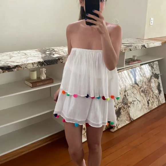 off the shoulder pom pom dress Off-Shoulder Ruffle Dress with Pom-Poms L / BLUE / 04067